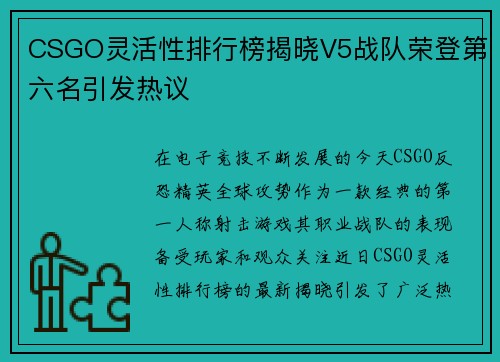 CSGO灵活性排行榜揭晓V5战队荣登第六名引发热议