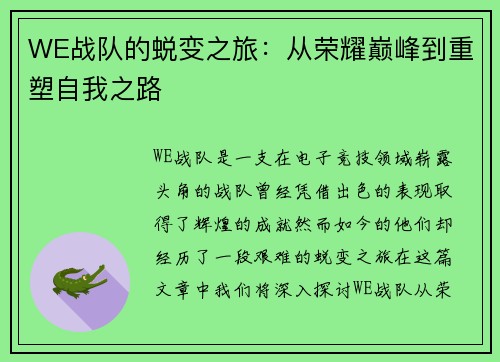 WE战队的蜕变之旅：从荣耀巅峰到重塑自我之路